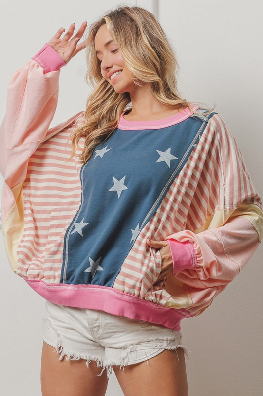 Stars and Stripes Round Neck Long Sleeve Top